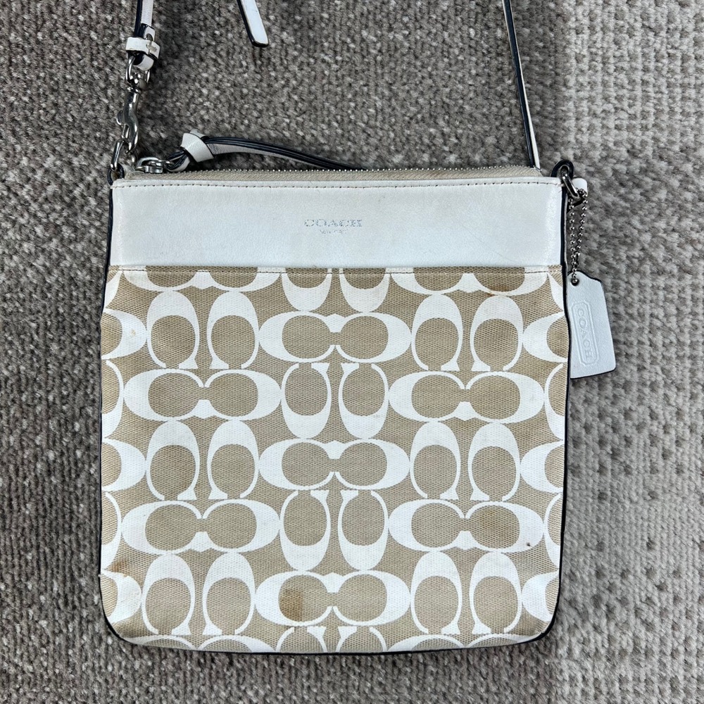 Coach Signature Monogram Canvas Crossbody Bag Tan White